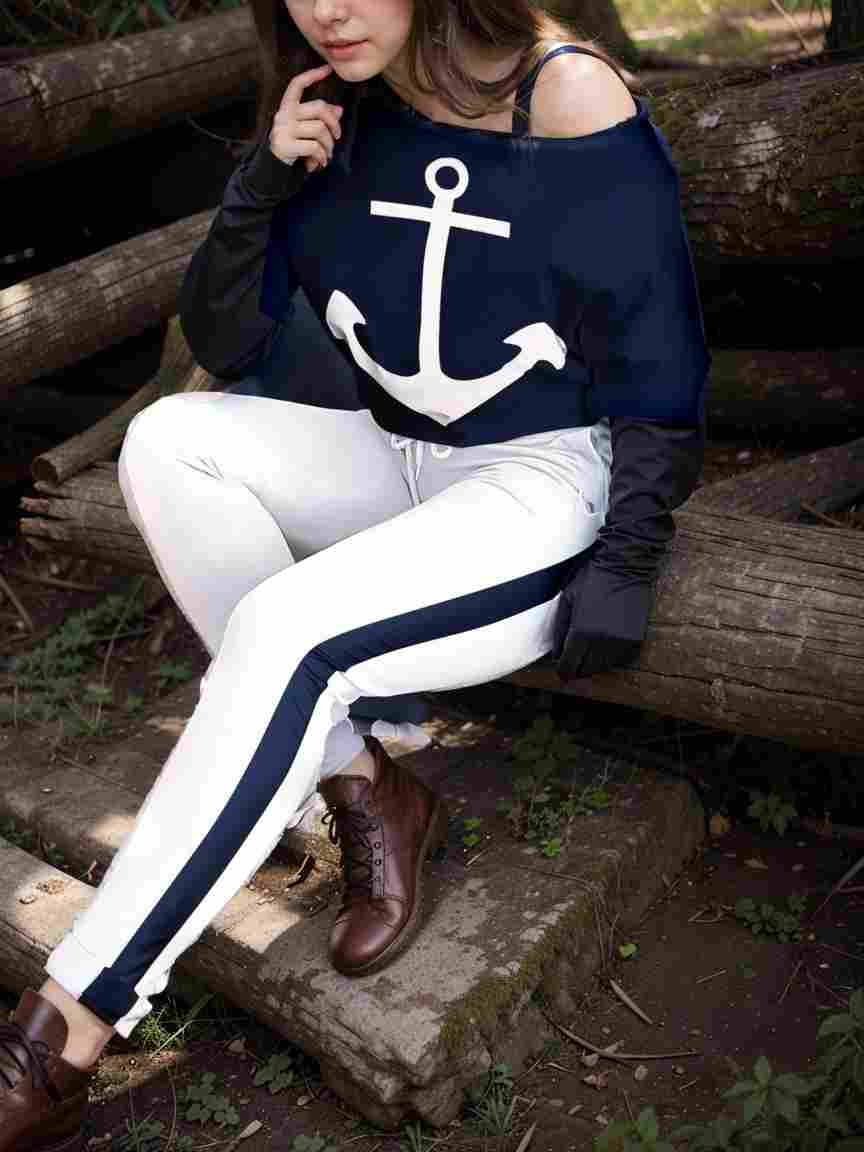 anchor print v neck long sleeve t shirt trousers two piece suit 103507