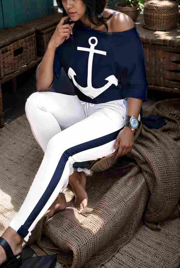 anchor print v neck long sleeve t shirt trousers two piece suit 145914