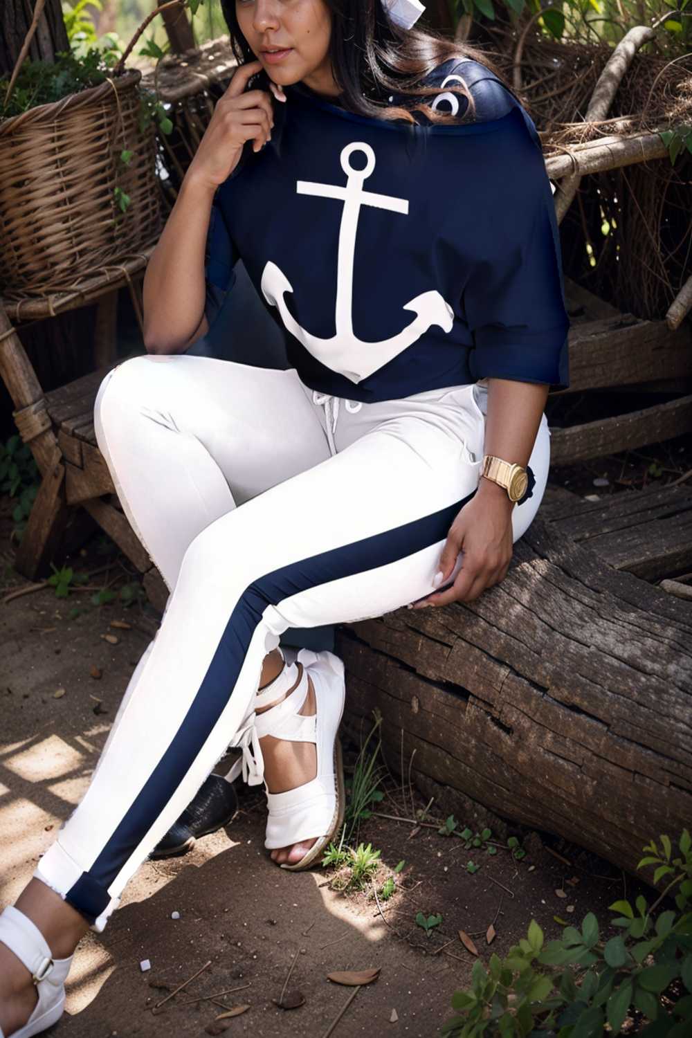 anchor print v neck long sleeve t shirt trousers two piece suit 133512