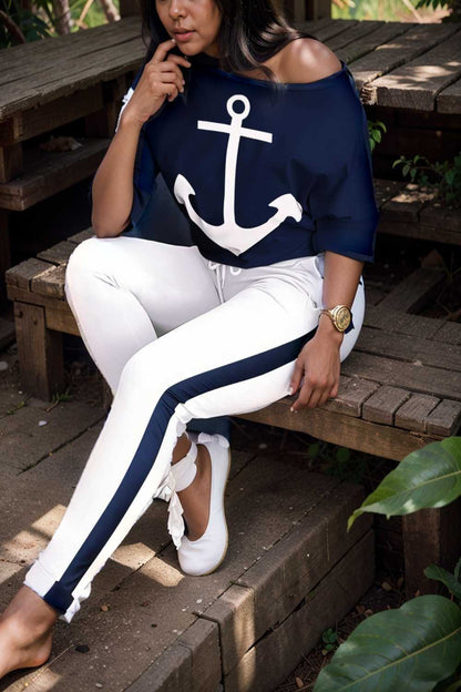 anchor print v neck long sleeve t shirt trousers two piece suit 120686