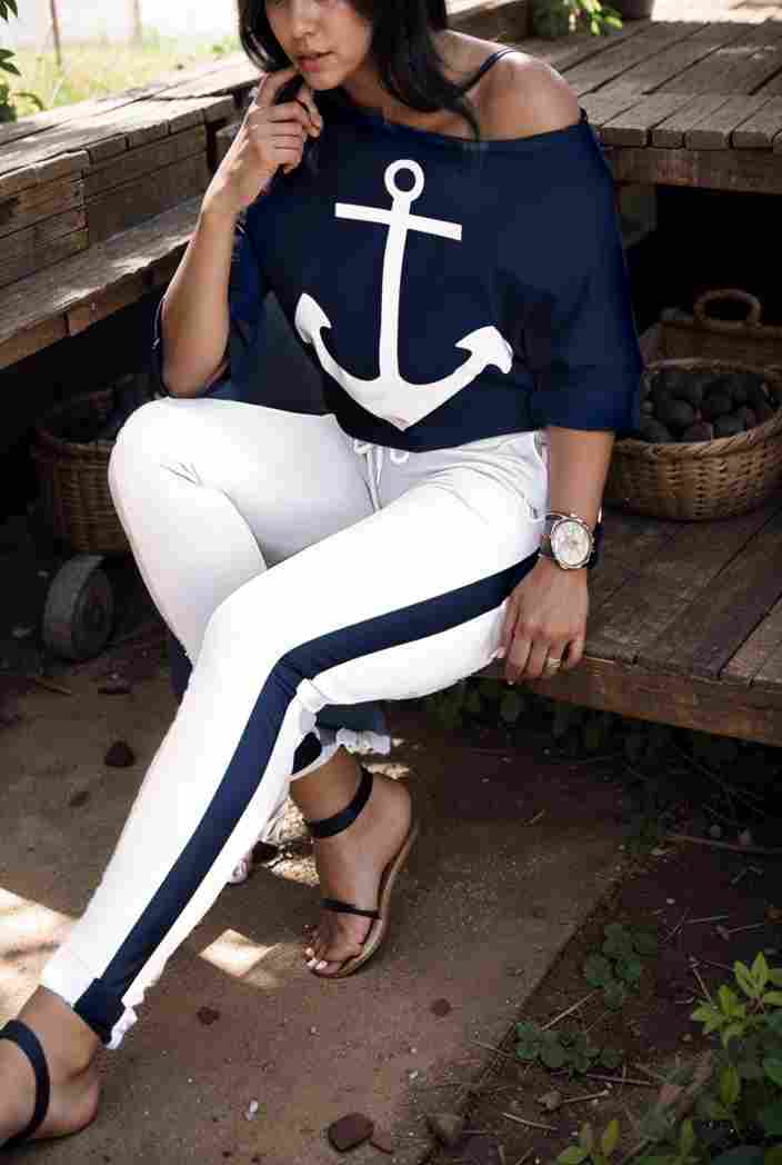 anchor print v neck long sleeve t shirt trousers two piece suit 118181