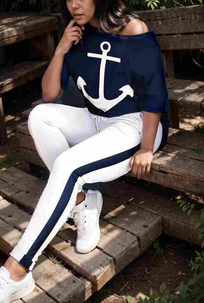 anchor print v neck long sleeve t shirt trousers two piece suit 148431