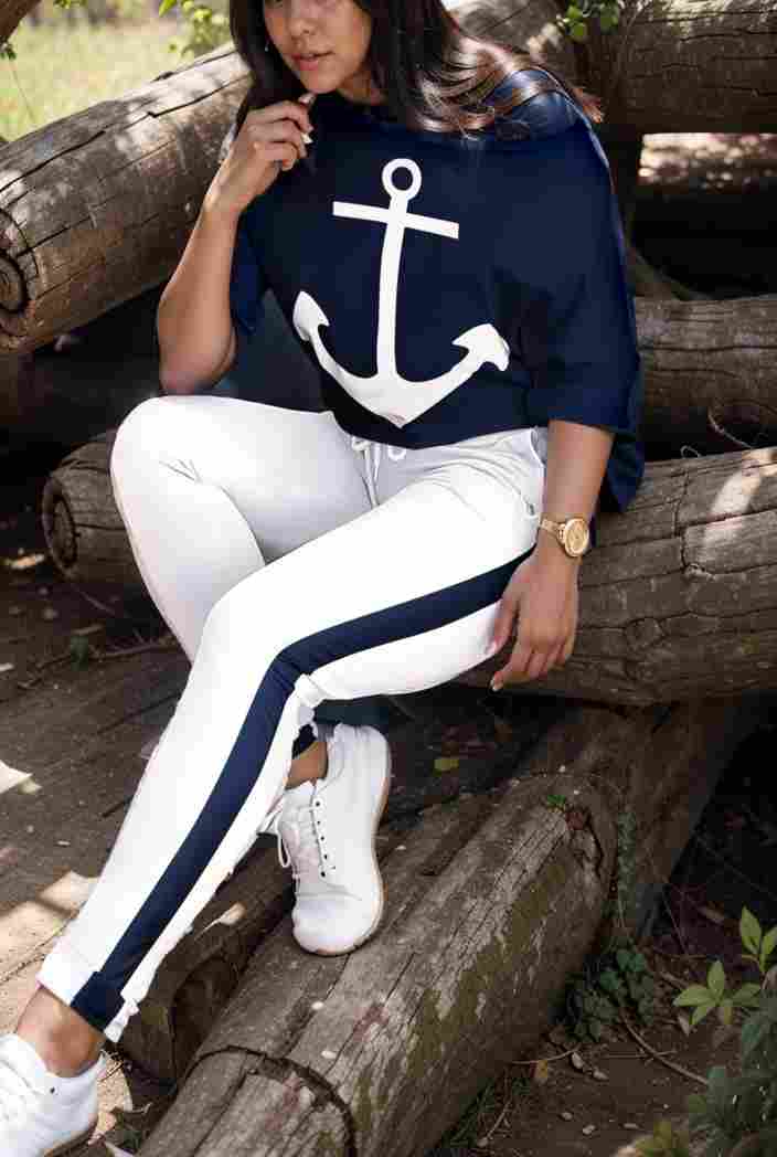 anchor print v neck long sleeve t shirt trousers two piece suit 116562