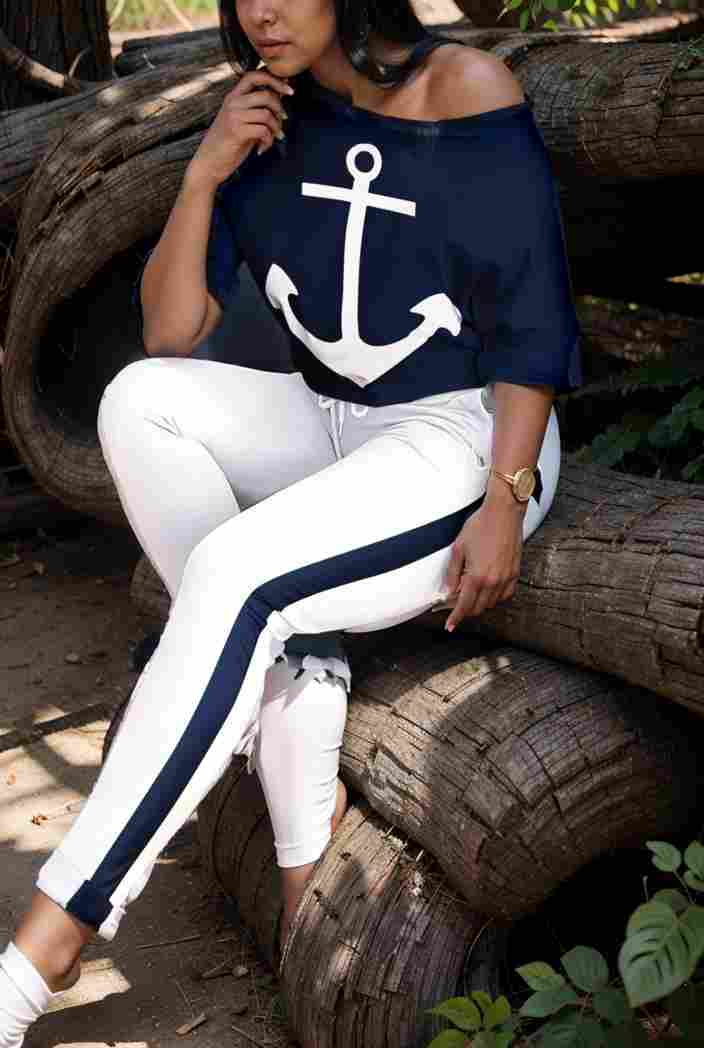 anchor print v neck long sleeve t shirt trousers two piece suit 118506