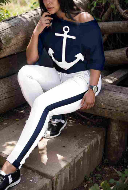 anchor print v neck long sleeve t shirt trousers two piece suit 144734