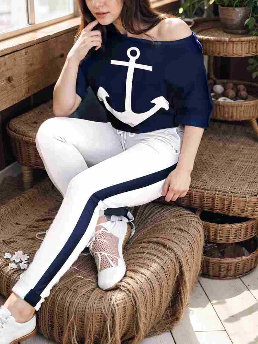 anchor print v neck long sleeve t shirt trousers two piece suit 110618