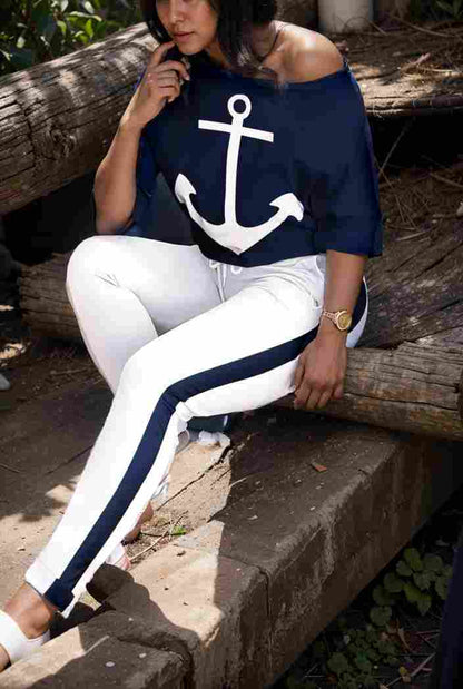 anchor print v neck long sleeve t shirt trousers two piece suit 103466