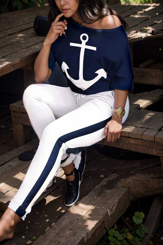 anchor print v neck long sleeve t shirt trousers two piece suit 124987