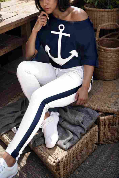 anchor print v neck long sleeve t shirt trousers two piece suit 116983