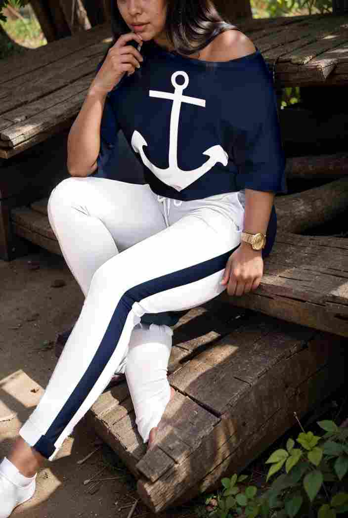 anchor print v neck long sleeve t shirt trousers two piece suit 112141