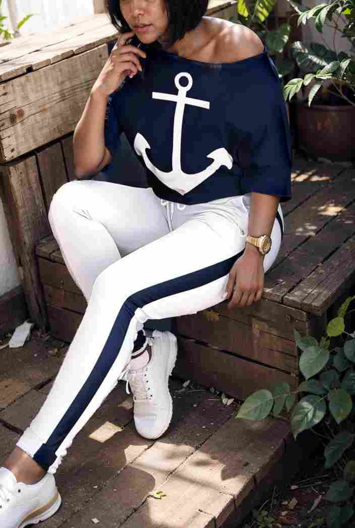 anchor print v neck long sleeve t shirt trousers two piece suit 141343