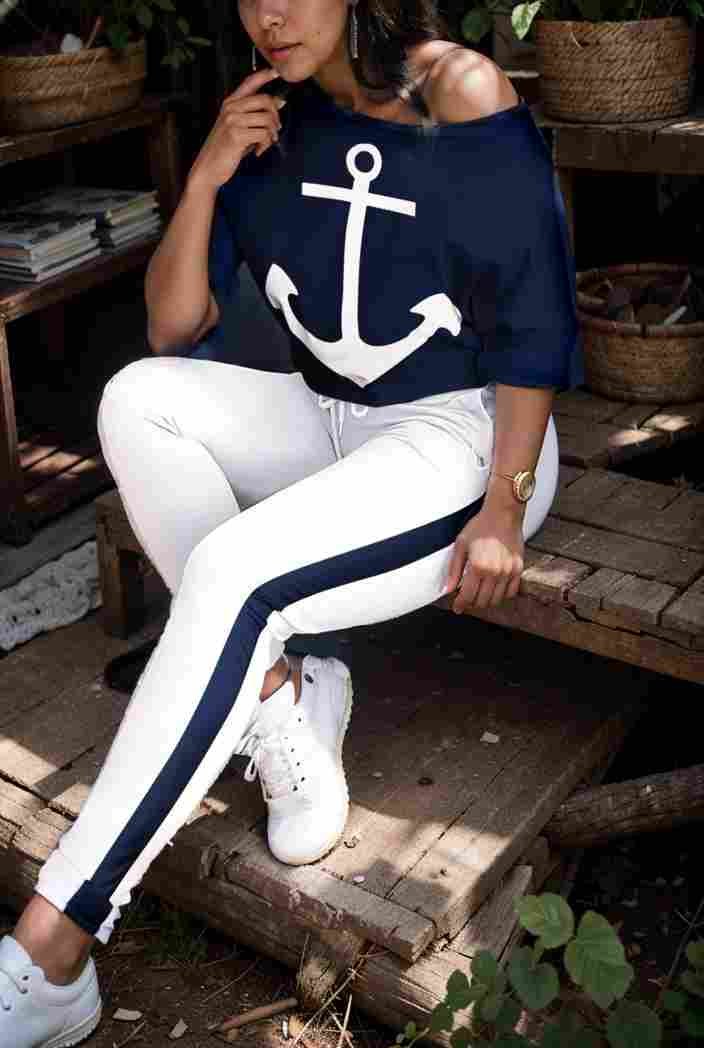 anchor print v neck long sleeve t shirt trousers two piece suit 145173