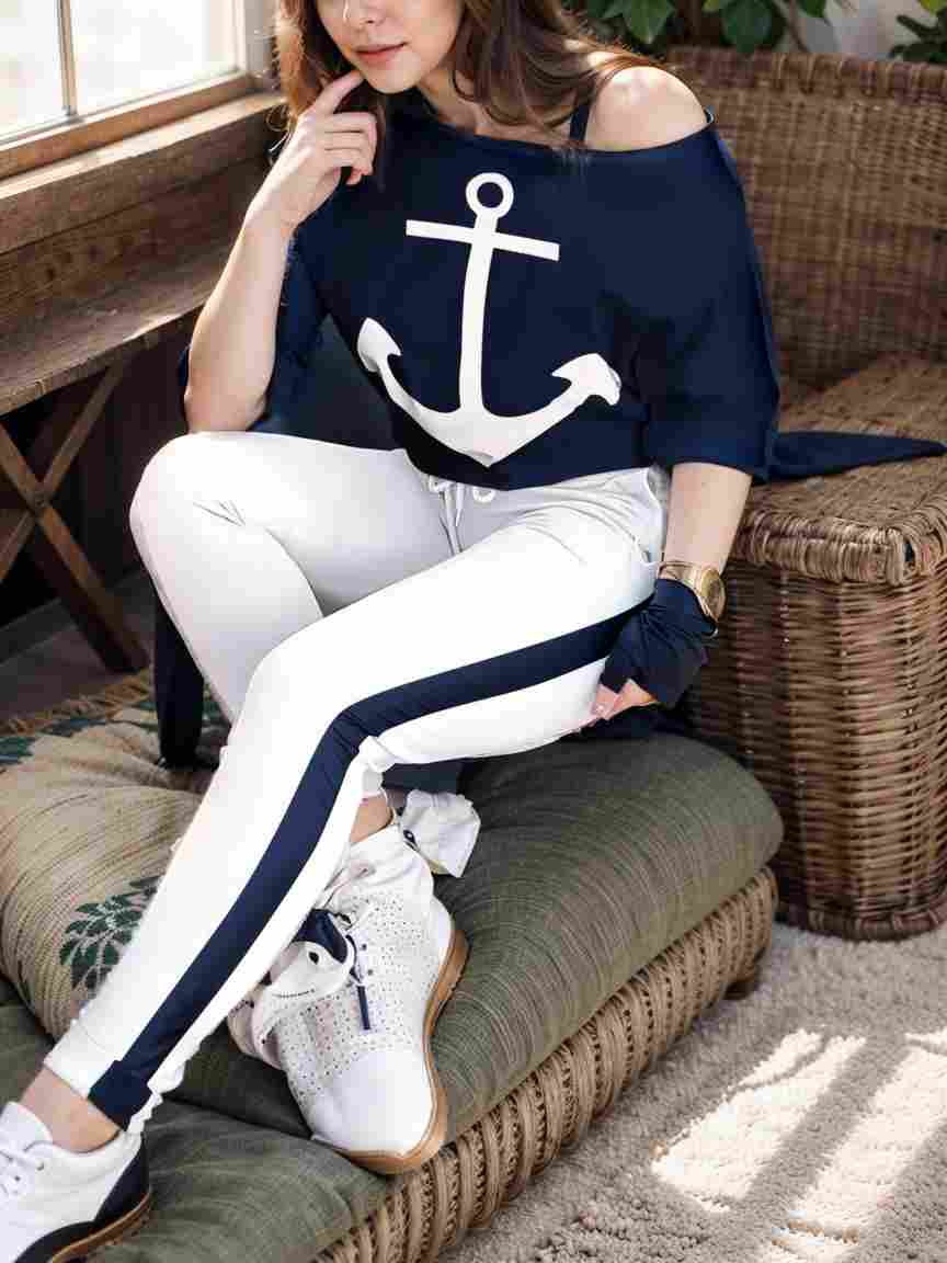 anchor print v neck long sleeve t shirt trousers two piece suit 117946