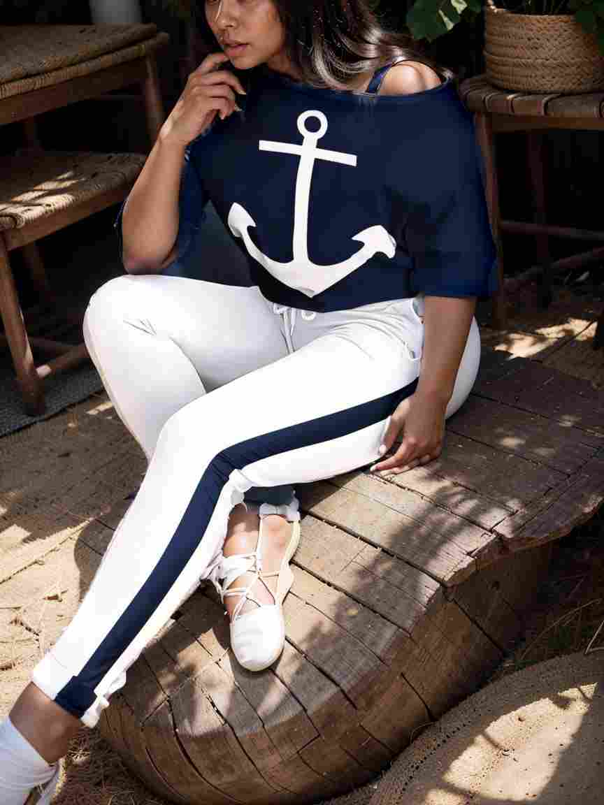 anchor print v neck long sleeve t shirt trousers two piece suit 139518