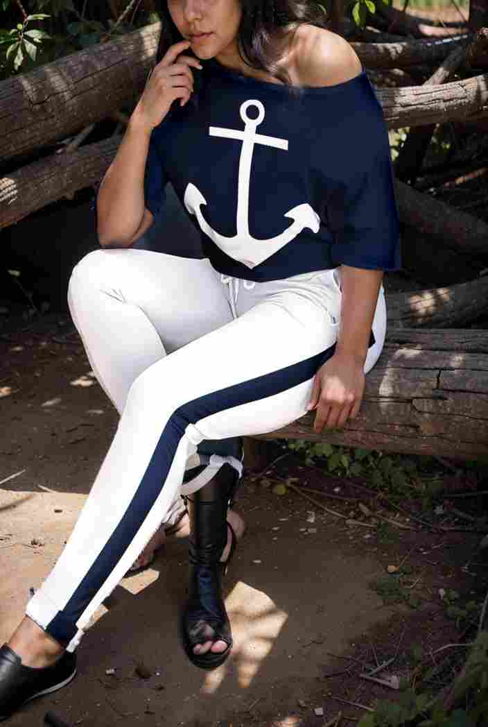 anchor print v neck long sleeve t shirt trousers two piece suit 111963