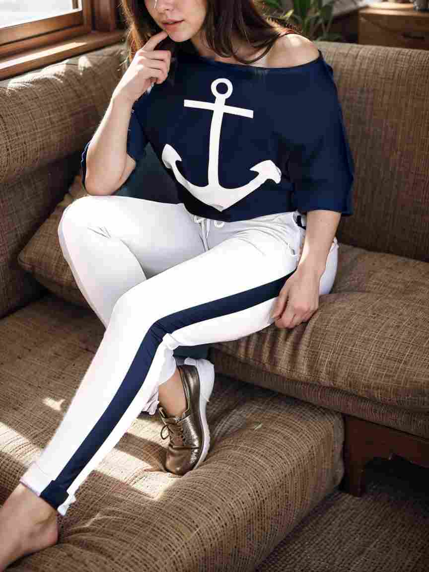 anchor print v neck long sleeve t shirt trousers two piece suit 115055