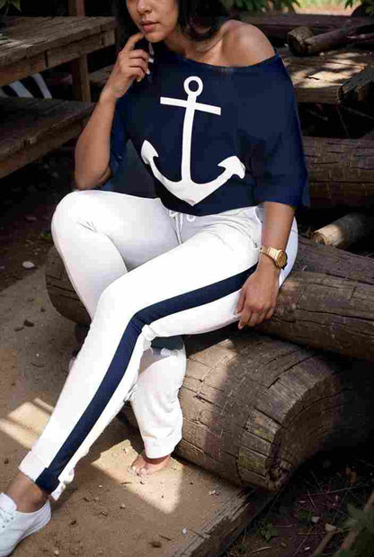 anchor print v neck long sleeve t shirt trousers two piece suit 122457