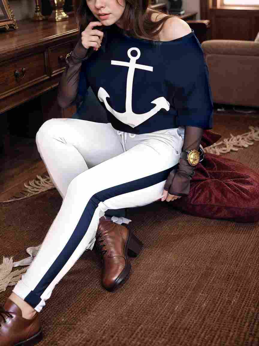 anchor print v neck long sleeve t shirt trousers two piece suit 143281