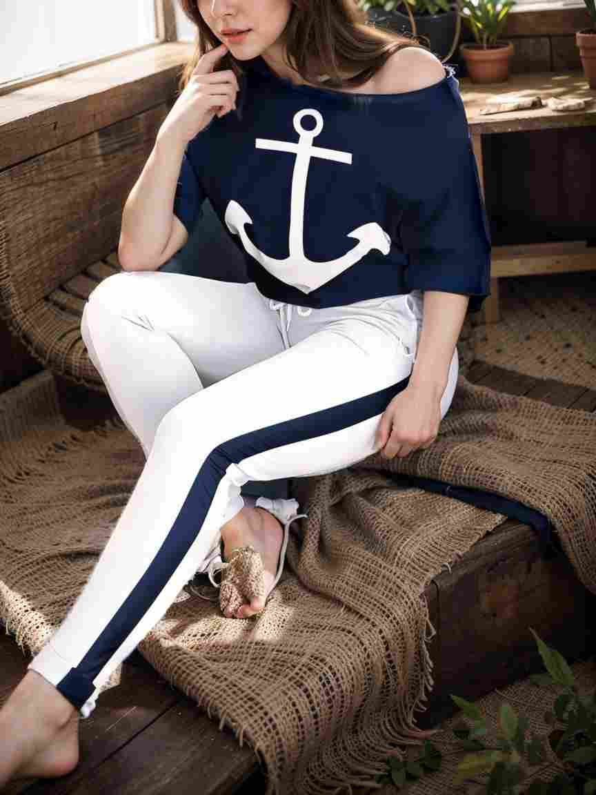 anchor print v neck long sleeve t shirt trousers two piece suit 115403