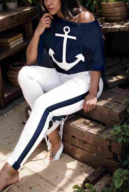 anchor print v neck long sleeve t shirt trousers two piece suit 100016