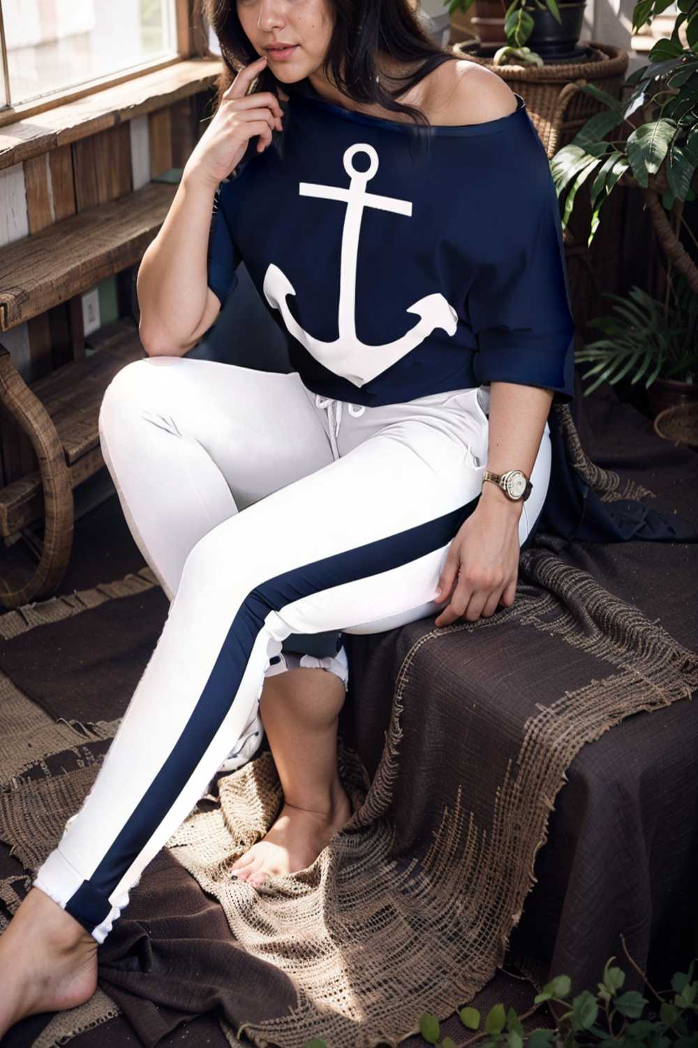 anchor print v neck long sleeve t shirt trousers two piece suit 102587