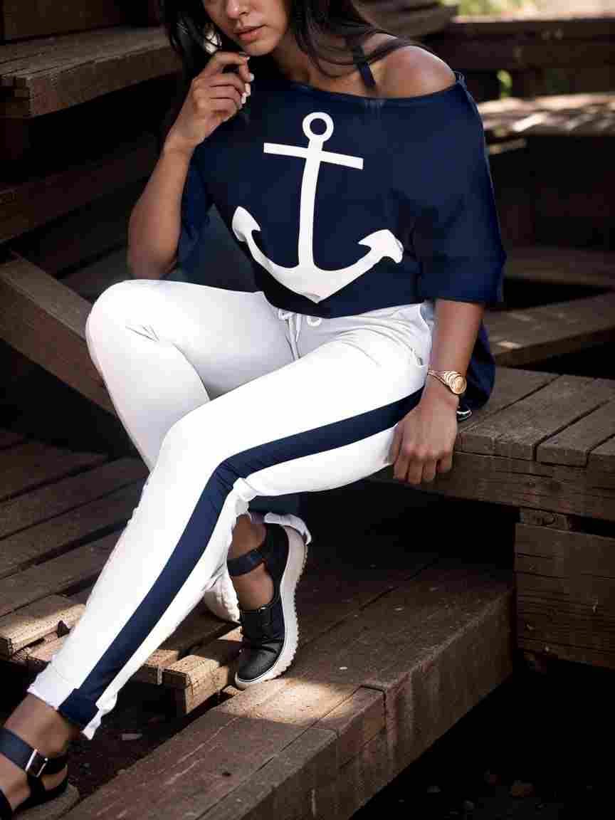 anchor print v neck long sleeve t shirt trousers two piece suit 111783