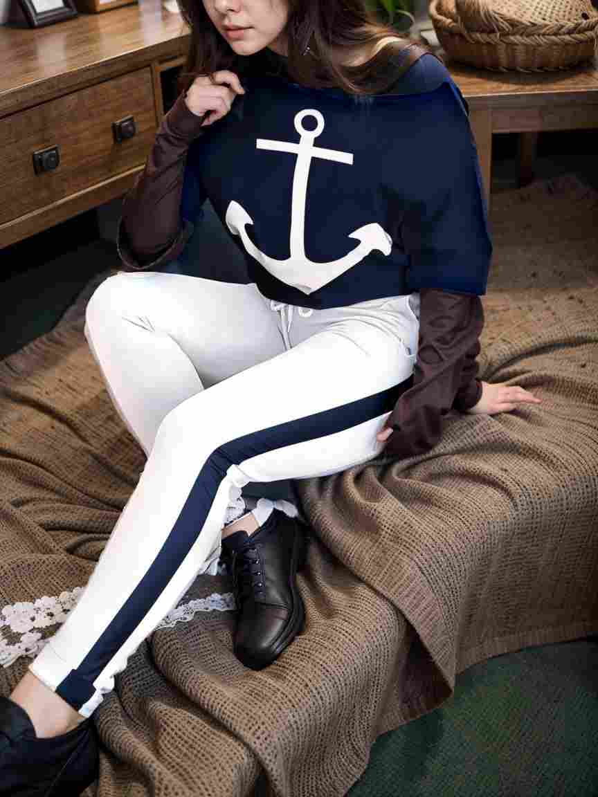 anchor print v neck long sleeve t shirt trousers two piece suit 125939