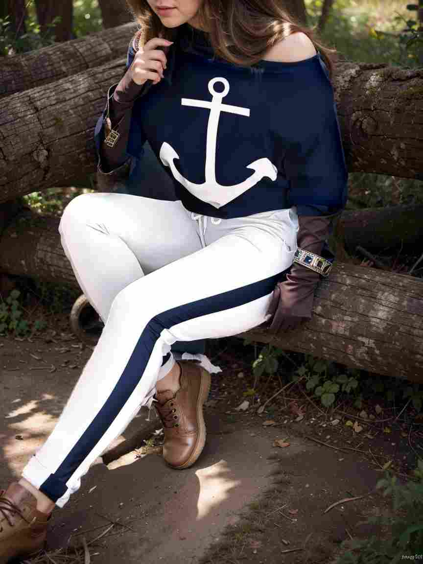 anchor print v neck long sleeve t shirt trousers two piece suit 118470