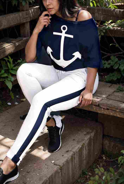 anchor print v neck long sleeve t shirt trousers two piece suit 132995