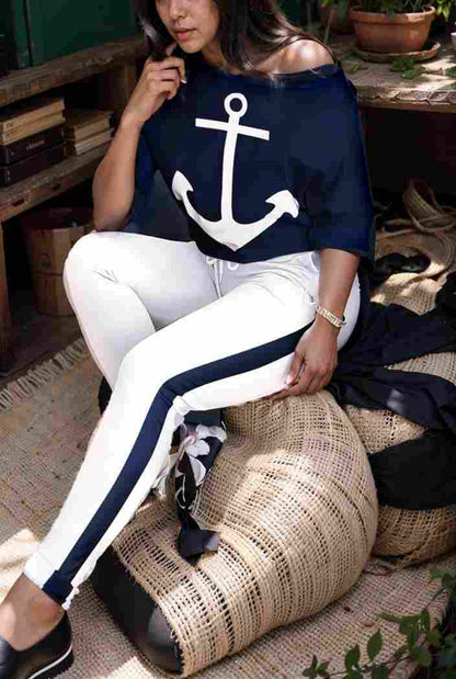 anchor print v neck long sleeve t shirt trousers two piece suit 145093