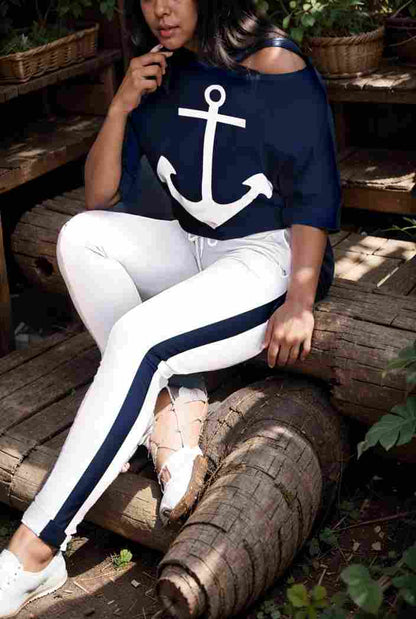 anchor print v neck long sleeve t shirt trousers two piece suit 139387