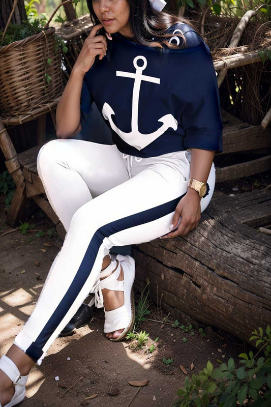 anchor print v neck long sleeve t shirt trousers two piece suit 126336