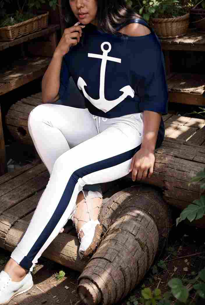 anchor print v neck long sleeve t shirt trousers two piece suit 128584