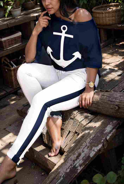 anchor print v neck long sleeve t shirt trousers two piece suit 121037