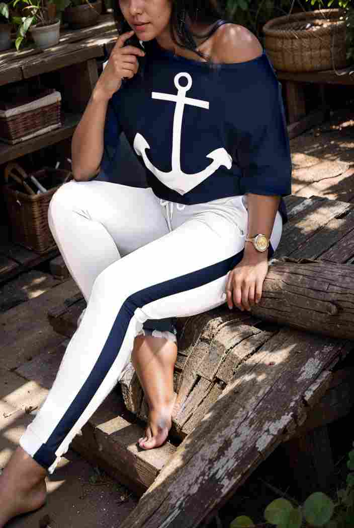 anchor print v neck long sleeve t shirt trousers two piece suit 104256