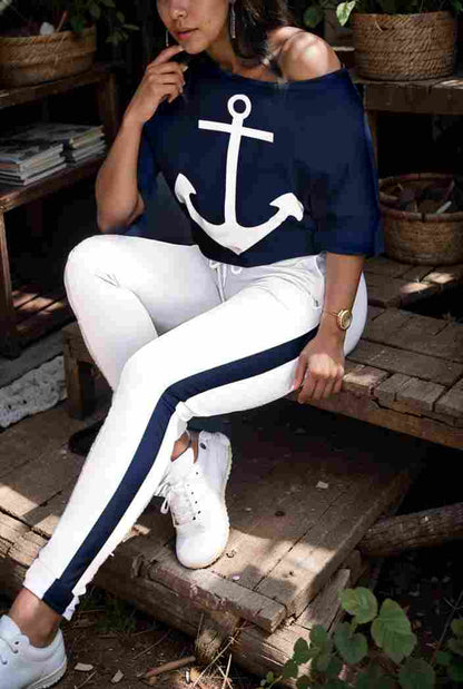 anchor print v neck long sleeve t shirt trousers two piece suit 138078