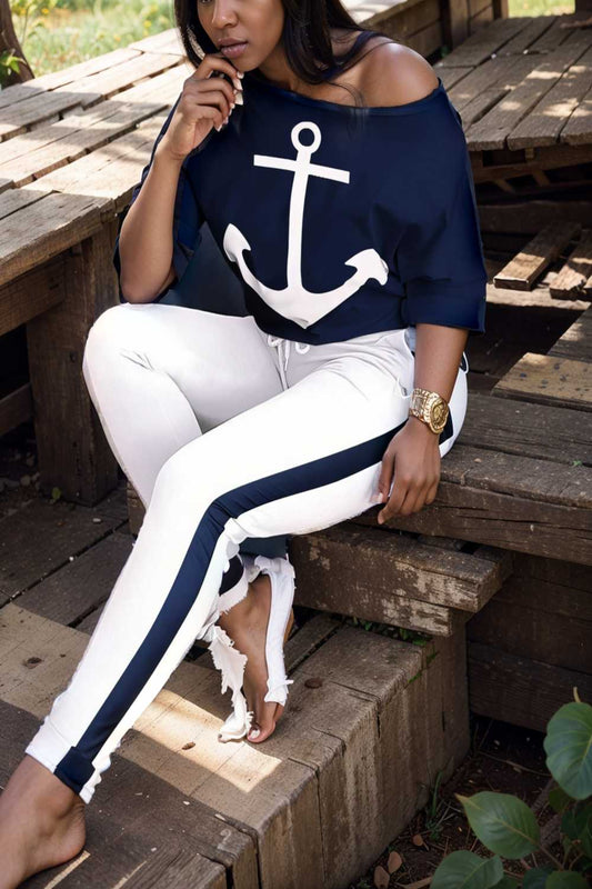 anchor print v neck long sleeve t shirt trousers two piece suit 116389