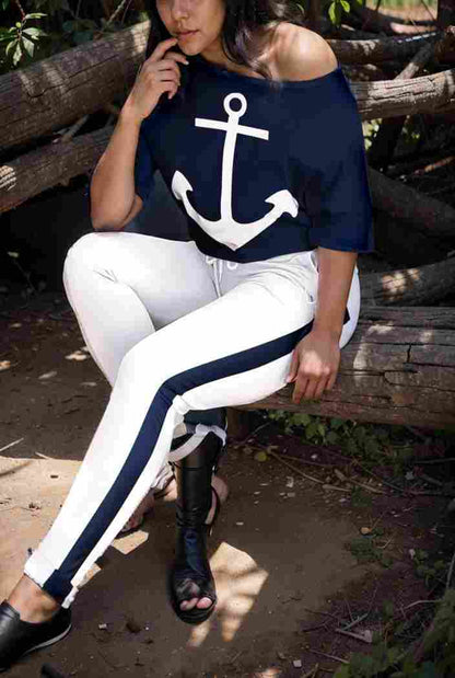 anchor print v neck long sleeve t shirt trousers two piece suit 137279