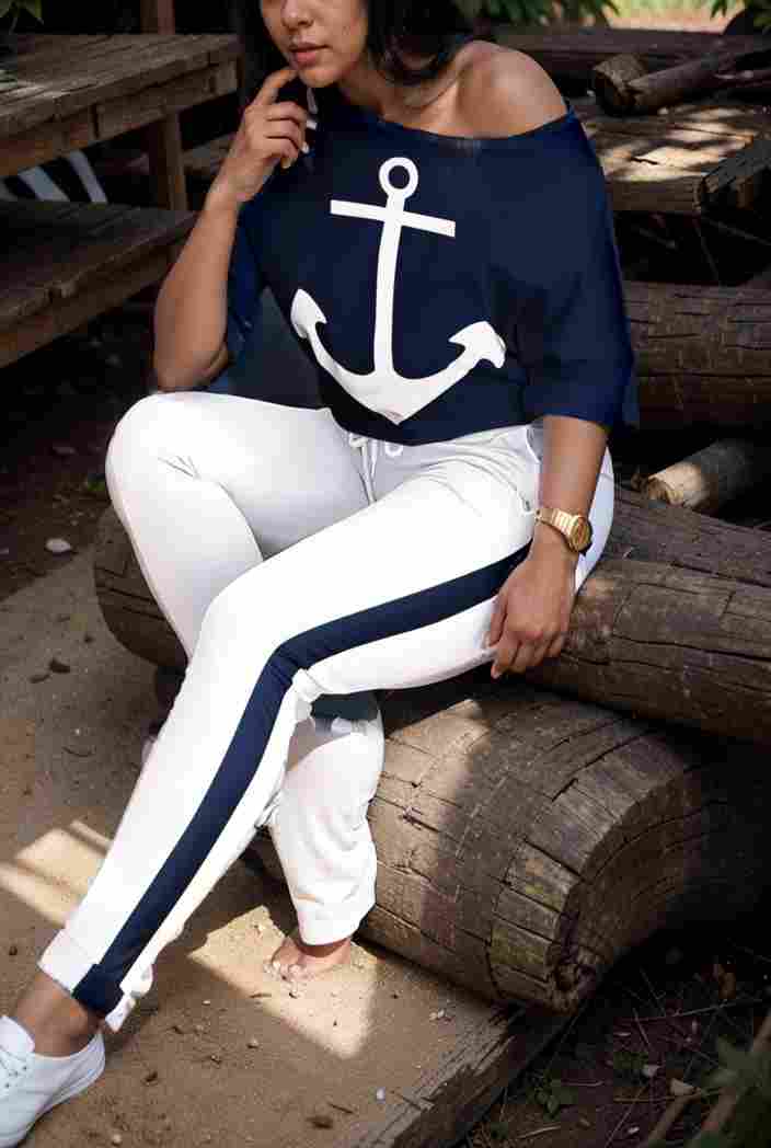 anchor print v neck long sleeve t shirt trousers two piece suit 105789