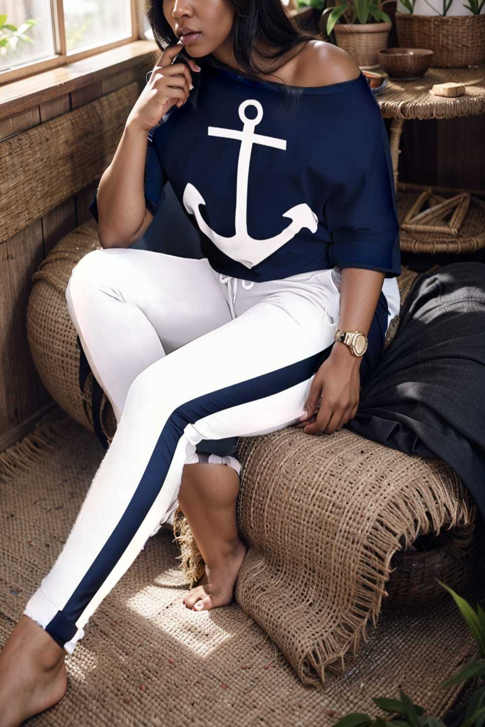 anchor print v neck long sleeve t shirt trousers two piece suit 107499