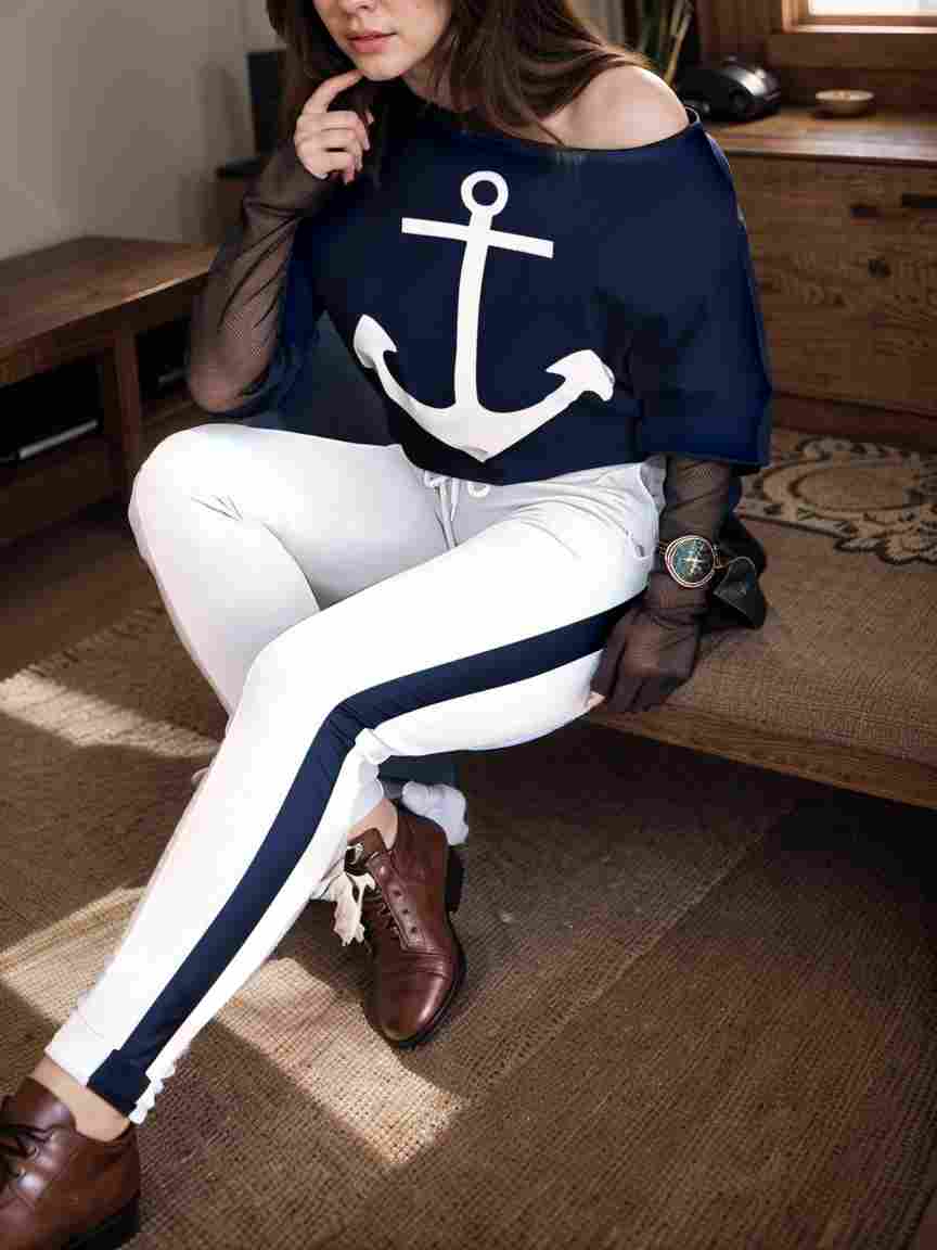 anchor print v neck long sleeve t shirt trousers two piece suit 101054