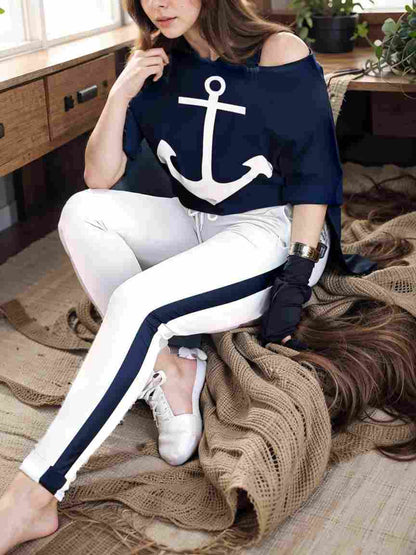 anchor print v neck long sleeve t shirt trousers two piece suit 100965