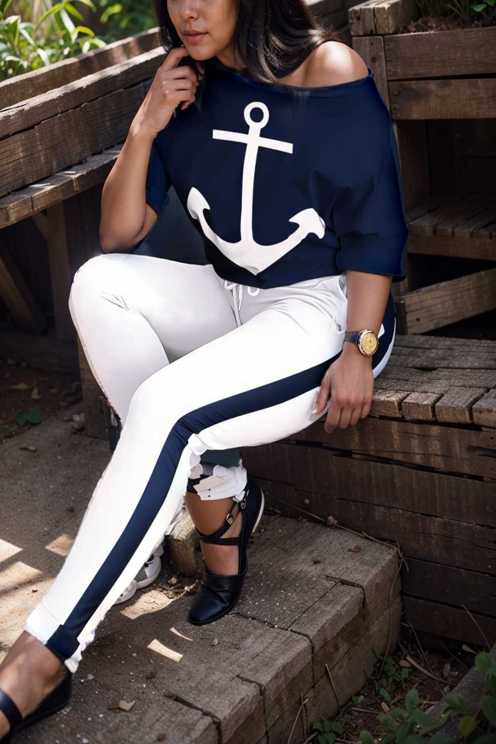 anchor print v neck long sleeve t shirt trousers two piece suit 134143