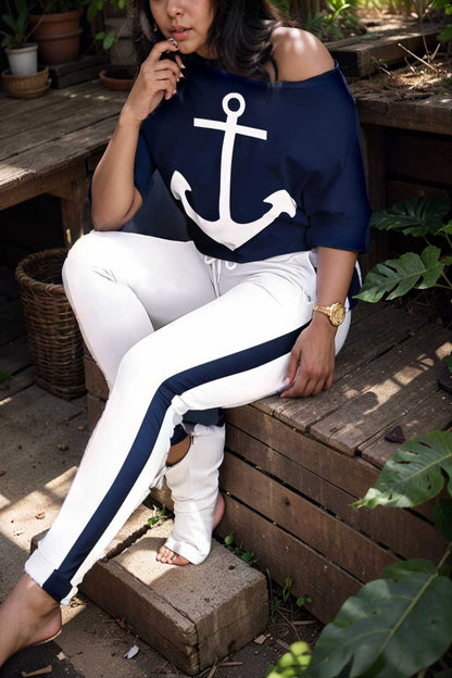 anchor print v neck long sleeve t shirt trousers two piece suit 109931