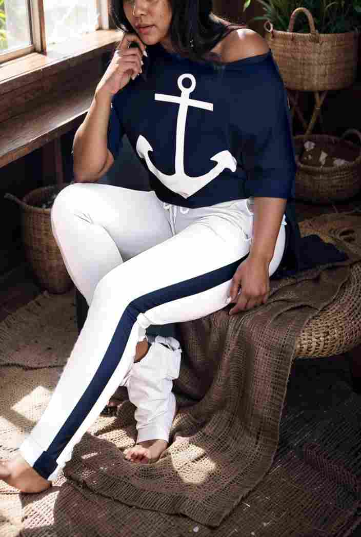 anchor print v neck long sleeve t shirt trousers two piece suit 133752