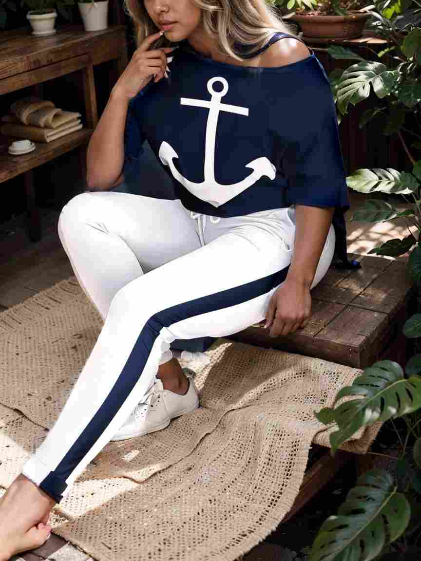 anchor print v neck long sleeve t shirt trousers two piece suit 100250