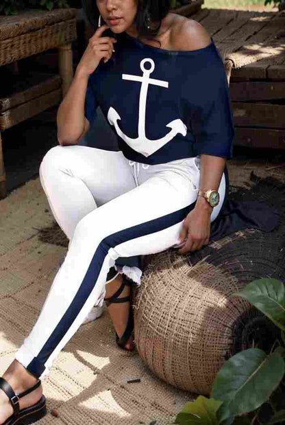 anchor print v neck long sleeve t shirt trousers two piece suit 118233