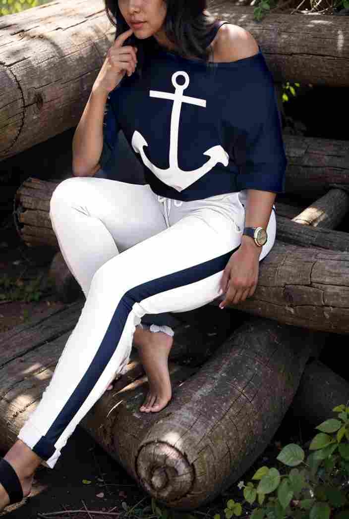 anchor print v neck long sleeve t shirt trousers two piece suit 104255