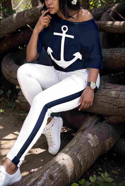 anchor print v neck long sleeve t shirt trousers two piece suit 114684