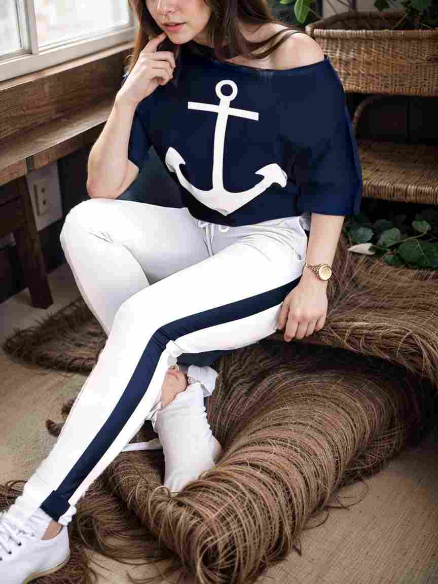 anchor print v neck long sleeve t shirt trousers two piece suit 105989